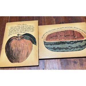 2 Vintage John Rutherford Gourmet Plaques-Apple & Watermelon on‎ Red Wood